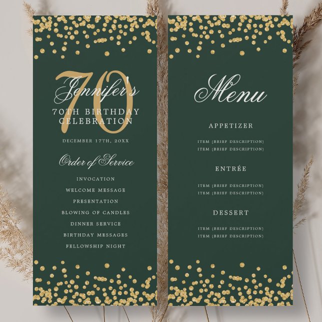Convites Programa de Aniversário de 70 anos Confetes Dourad (70th Birthday Program Gold Green Confetti Menu)