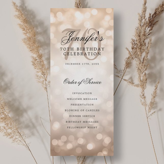 Convites Programa de Aniversário de 70 anos Elegante com Bo (Elegant 70th Birthday Program Rose Gold Bokeh)