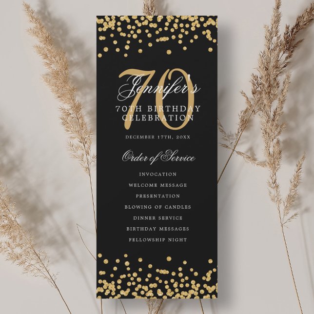 Convites Programa de Aniversário de 70 anos Elegante Confet (Elegant 70th Birthday Program Gold Black Confetti)