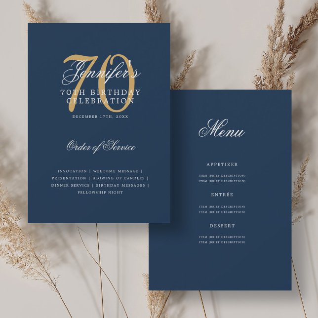 Convites Programa de Aniversário de 70 anos Elegante Dourad (Elegant 70th Birthday Program Gold Navy w/ Menu)