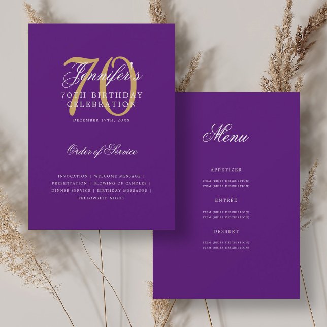 Convites Programa de Aniversário de 70 anos Elegante Dourad (Elegant 70th Birthday Program Gold Purple w/ Menu)