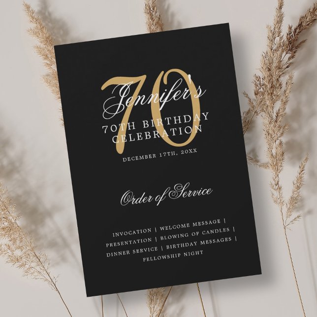 Convites Programa de Aniversário de 70 anos Elegante Dourad (Elegant 70th Birthday Program Gold Black w/ Menu)