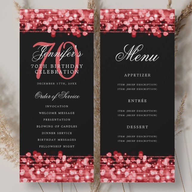 Convites Programa de Aniversário de 70 anos Elegante em Ver (Elegant 70th Birthday Program Ruby Red w/ Menu)