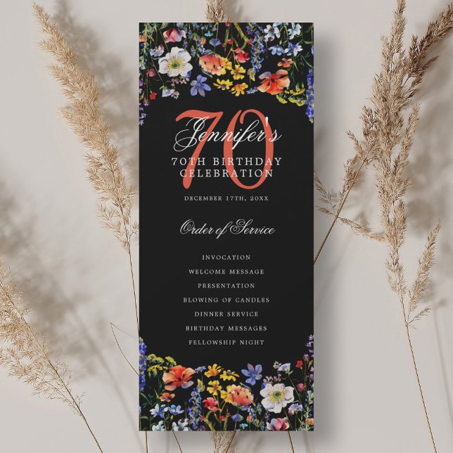 Convites Programa de Aniversário de 70 anos Elegante Floral (Elegant Floral 70th Birthday Program Black)