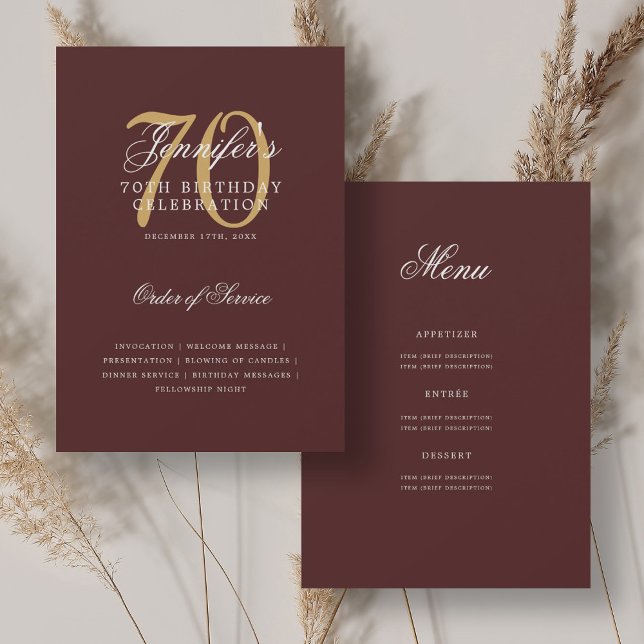 Convites Programa de Aniversário de 70 anos Elegante Menu D (Elegant 70th Birthday Program Gold Burgundy Menu)