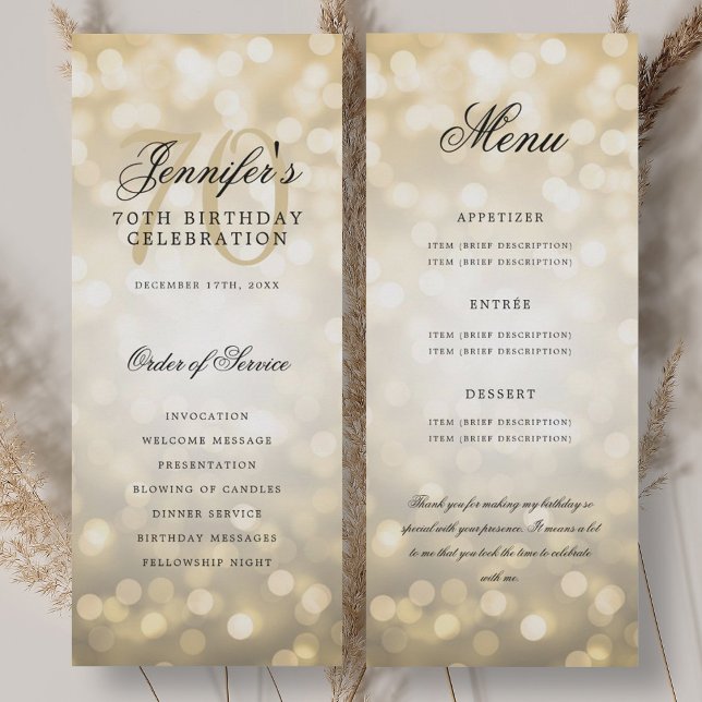 Convites Programa de Aniversário de 70 anos Gold Bokeh Menu (70th Birthday Program Gold Bokeh Menu+Thank You)