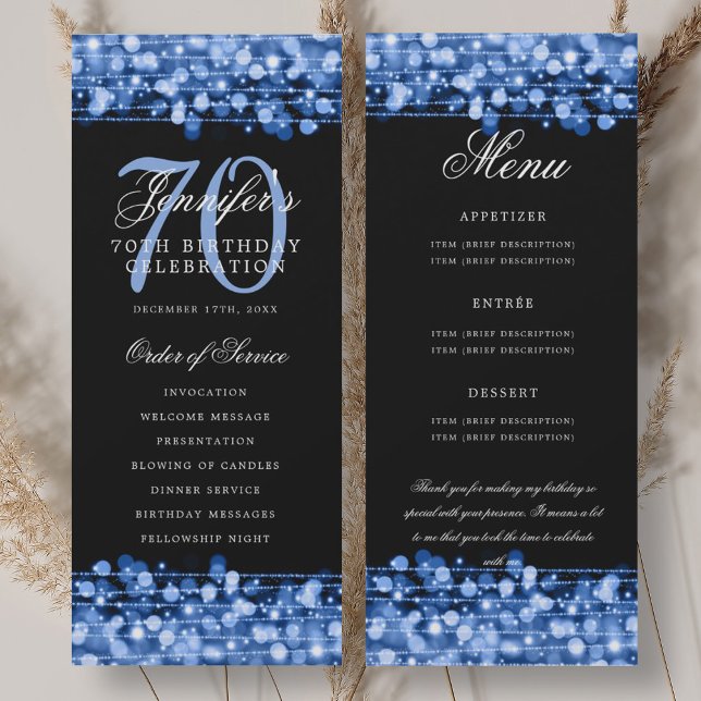 Convites Programa de Aniversário de 70 anos Menu Azul Marin (70th Birthday Program Navy Blue Menu+Thank You)