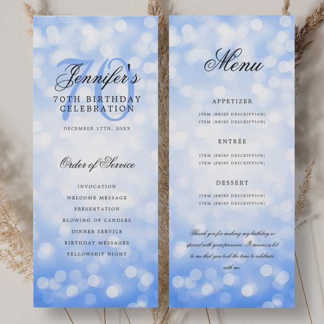Convites Programa de Aniversário de 70 anos Menu Azul Naval (70th Birthday Program Navy Blue Bokeh Menu)