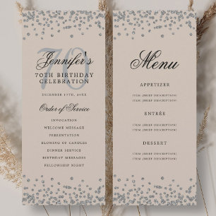 Convites Programa de Aniversário de 70 anos Menu Prata Cham