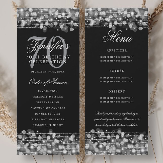 Convites Programa de Aniversário de 70 anos Menu Prata+Obri (70th Birthday Program Silver Menu+Thank You)