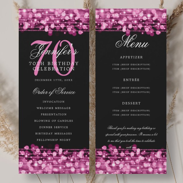 Convites Programa de Aniversário de 70 anos Menu Rosa+Obrig (70th Birthday Program Hot Pink Menu+Thank You)