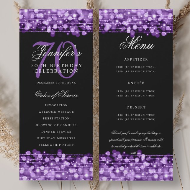 Convites Programa de Aniversário de 70 anos Menu Roxo+Agrad (70th Birthday Program Purple Menu+Thank You)