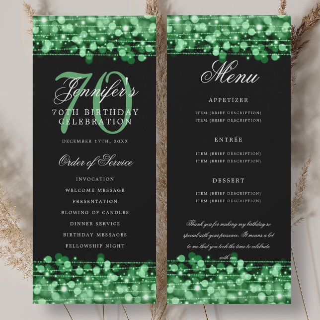 Convites Programa de Aniversário de 70 anos Menu Verde + Ob (70th Birthday Program Green Menu+Thank You)