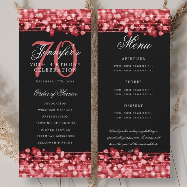 Convites Programa de Aniversário de 70 anos Menu Vermelho R (70th Birthday Program Ruby Red Menu+Thank You)