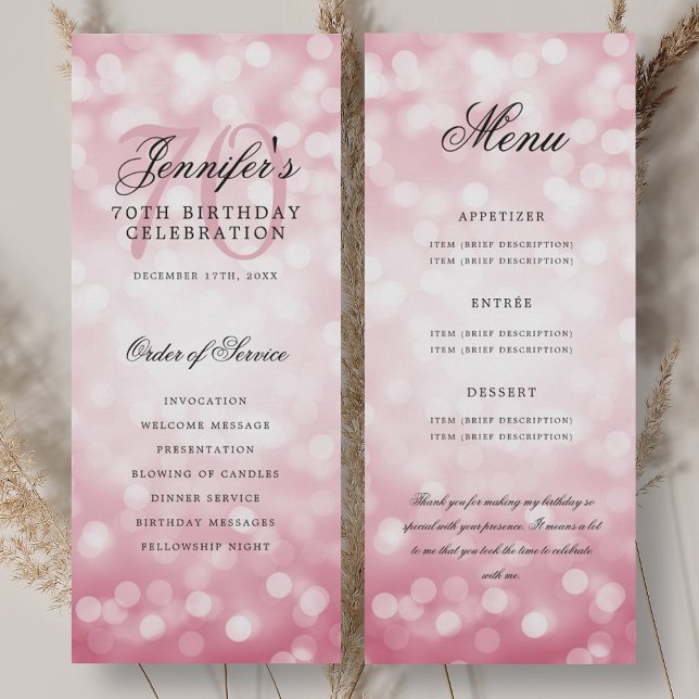 Convites Programa de Aniversário de 70 anos Rosa Bege Bokeh (70th Birthday Program Blush Pink Bokeh Menu)