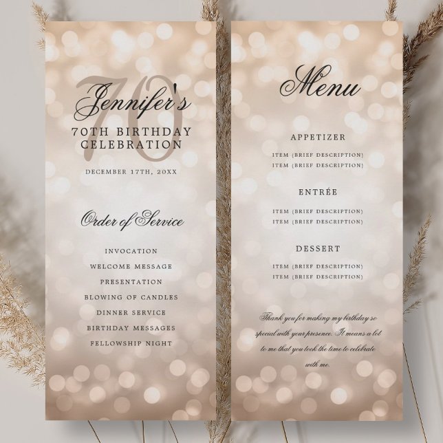 Convites Programa de Aniversário de 70 anos Rosa Dourado Bo (70th Birthday Program Rose Gold Bokeh Menu)