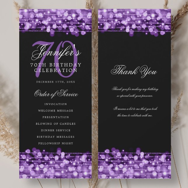 Convites Programa de Aniversário de 70 com Roxo com Obrigad (70th Birthday Program Purple w/ Thank You)