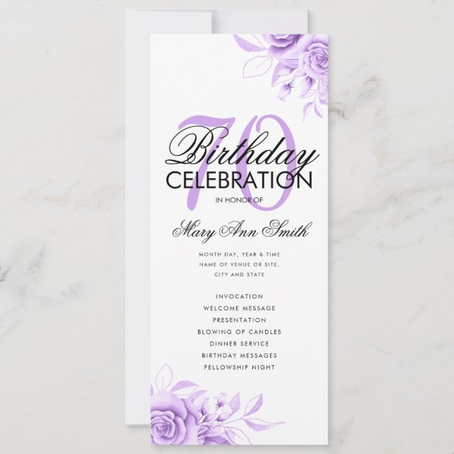 Convites Programa de Aniversário de 70 Floral - Roxo com Me (Frente)