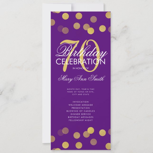 Convites Programa de Aniversário do 70 com Confetti Dourado (Frente)