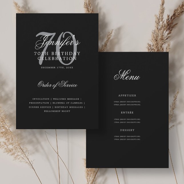 Convites Programa de Aniversário do 70 Elegante Preto Prate (Elegant 70th Birthday Program Silver Black w/ Menu)