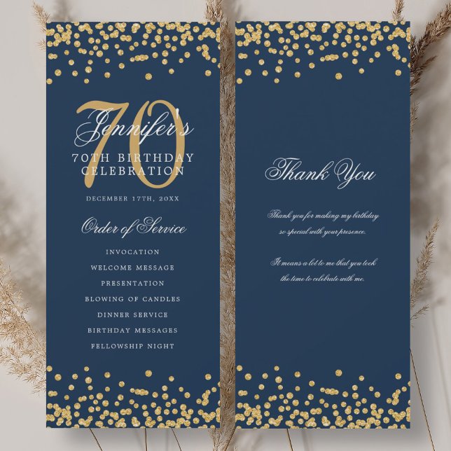 Convites Programa de Aniversário do 70 Obrigado Marinho Dou (70th Birthday Program Thank You Gold Navy )