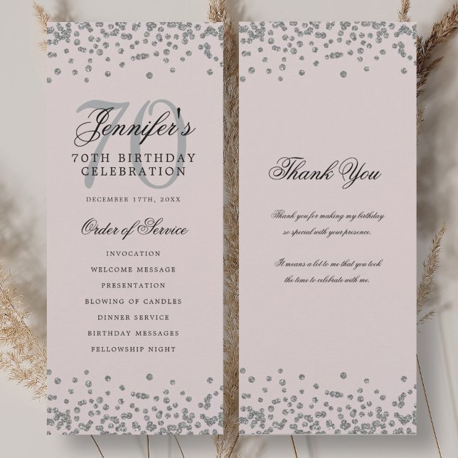 Convites Programa de Aniversário do 70 Obrigado Silver Blus (70th Birthday Program Thank You Silver Blush Pink )