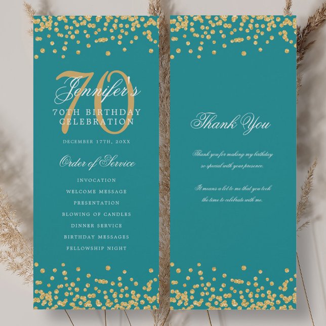 Convites Programa de Aniversário do 70 Obrigado Turquoise D (70th Birthday Program Thank You Gold Turquoise )