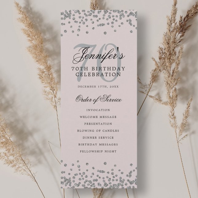Convites Programa de Aniversário do 70 Silver Confetti Cor- (70th Birthday Program Silver Confetti Blush Pink )