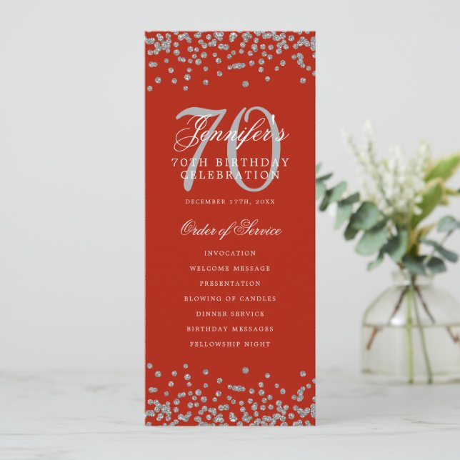 Convites Programa de Aniversário do 70 Silver Confetti Red (Em pé/Frente)
