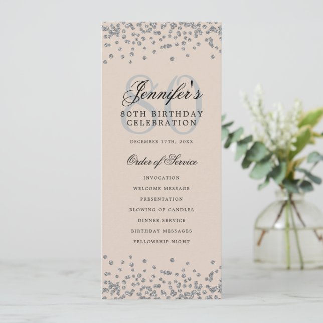 Convites Programa de Aniversário do 80 Silver Confetti Beig (Em pé/Frente)