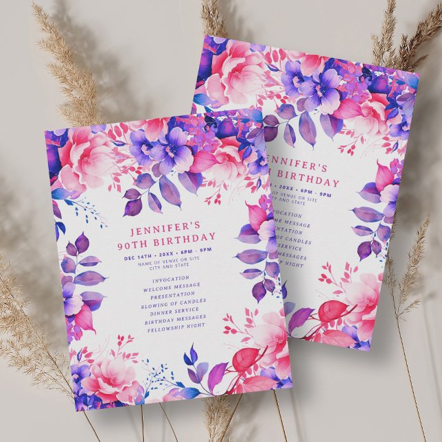 Convites Programa de Aniversário do 90 Floral de Purple Wat (Purple Watercolor Floral 90th Birthday Program )