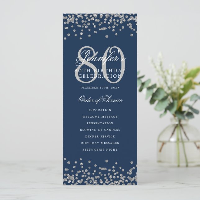 Convites Programa de Aniversário do Silver Confetti Menu Ma (Em pé/Frente)