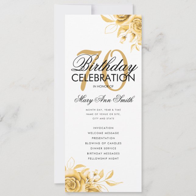 Convites Programa de Aniversário Floral 70 Dourado com Menu (Frente)