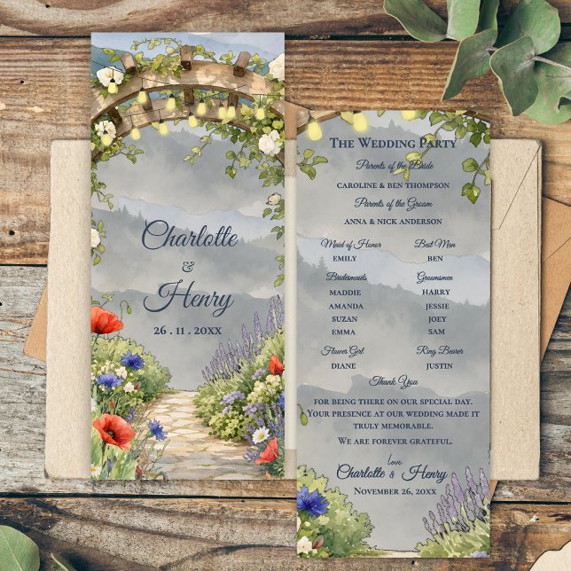 Convites Programa de Casamento ao Ar Livre no Jardim de Flo (Wildflower Garden Arbor Rustic Outdoor Wedding Ceremony Program)