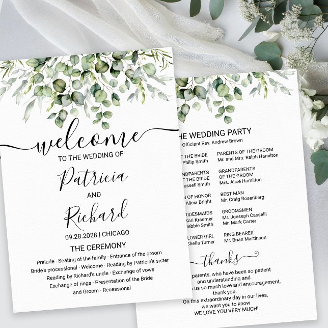 Convites Programa de Casamento Aquarela Eucalipto Verde (Criador carregado)
