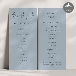 Convites Programa de Casamento Azul Dusty de Script Moderno