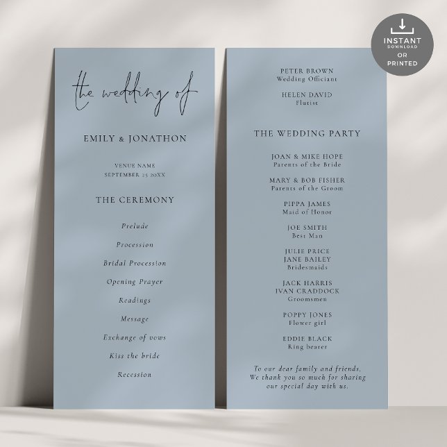 Convites Programa de Casamento Azul Dusty de Script Moderno (Front and back view)
