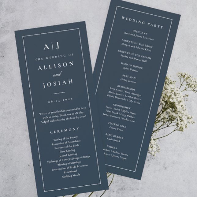 Convites Programa de Casamento Azul Marinho com Monograma E (Elegant and Classic Monogram Navy Blue Wedding Program.)