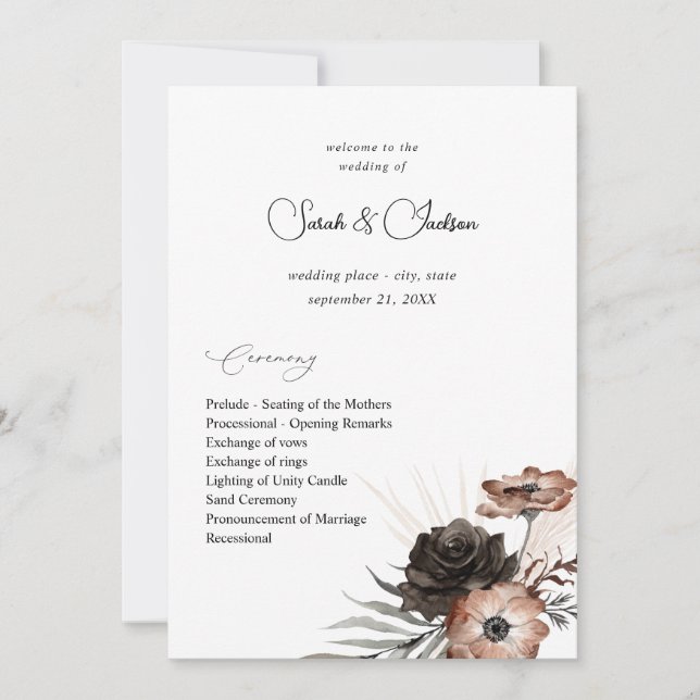 Convites Programa de Casamento Boho Floral Preto & Natural  (Frente)