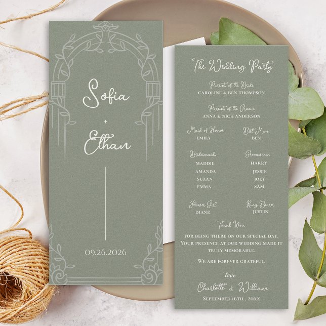 Convites Programa de Casamento Botânico com Arco Ornamentad (Elegant Sage Green Ornate Arch Botanical Wedding Program Card)