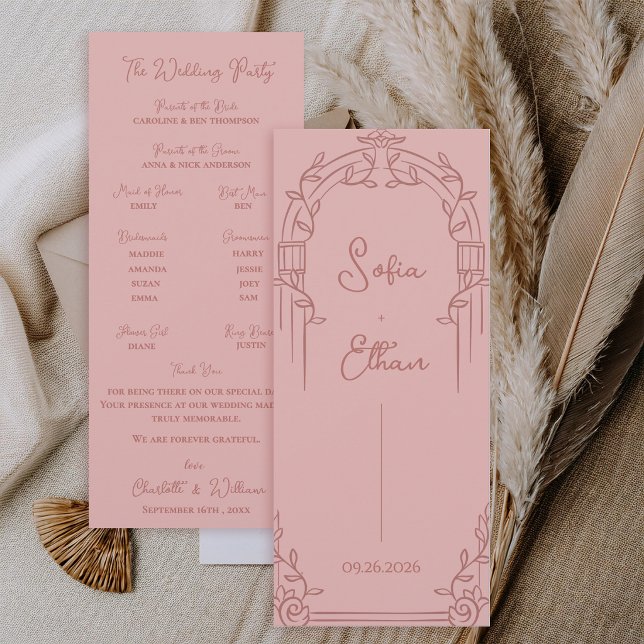 Convites Programa de Casamento Botânico com Arco Ornamentad (Elegant Dusty Rose Ornate Arch Botanical Wedding Program Card)