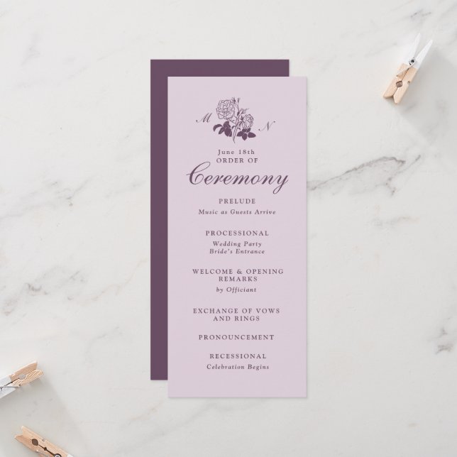 Convites Programa de Casamento Botânico Francês Lilás (Frente/Verso In Situ)