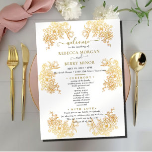 Convites Programa de Casamento Buquê Dourado Chic para Down