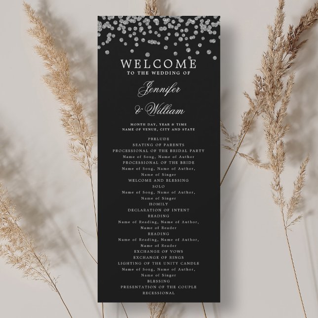 Convites Programa de Casamento Clássico Confetti Silver Bla (Classic Wedding Program Confetti Silver Black)