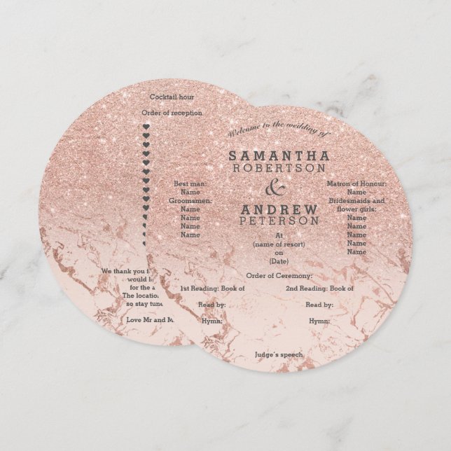 Convites Programa de casamento com brilho em mármore dourad (Frente/Verso)