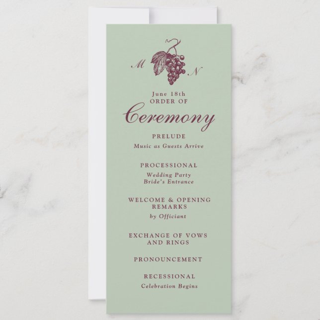 Convites Programa de Casamento com Monograma de Uva em Jade (Frente)