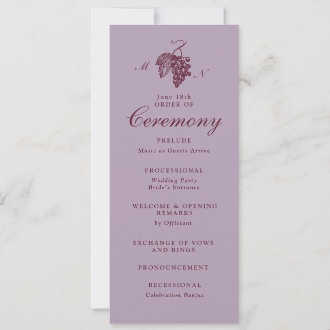 Convites Programa de Casamento com Monograma de Uva Lilás (Frente)