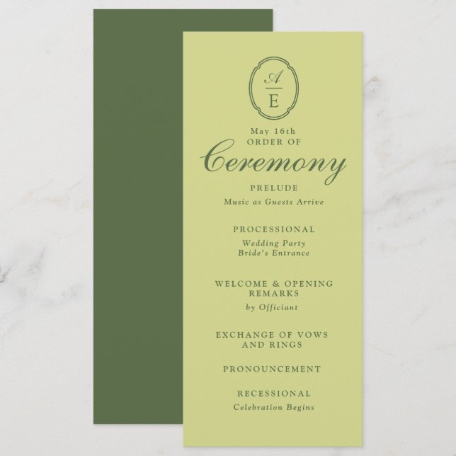 Convites Programa de Casamento com Monograma Verde Primaver (Frente/Verso)