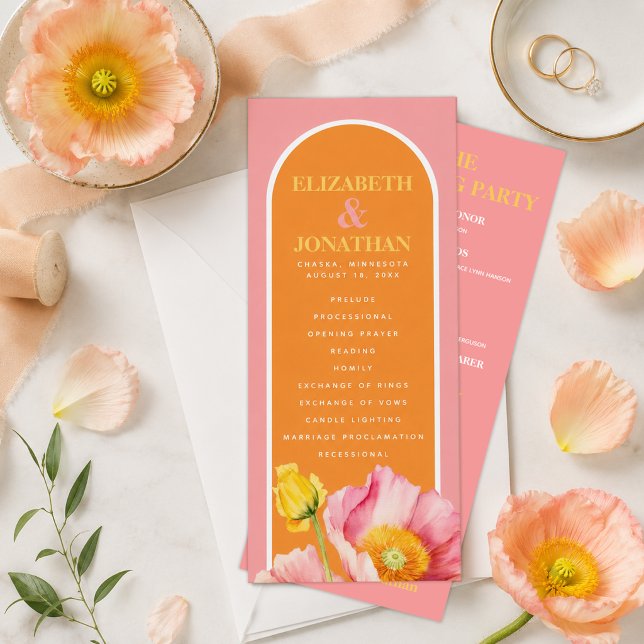 Convites Programa de Casamento com Papoulas Laranja Rosa Mo (Modern Peach Pink Orange Poppies Wedding Program)