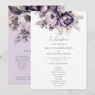 Convites Programa de Casamento de Florais Roxos Modernos